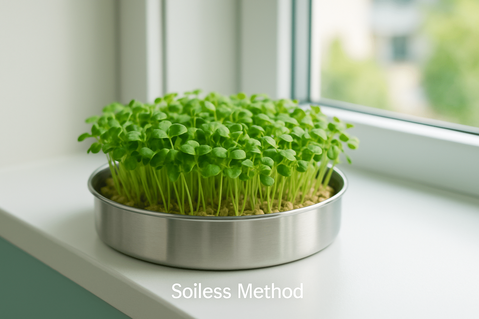 Vibrant microgreens growing in a round stainless steel container using the soilless method, placed on a modern windowsill with natural sunlight