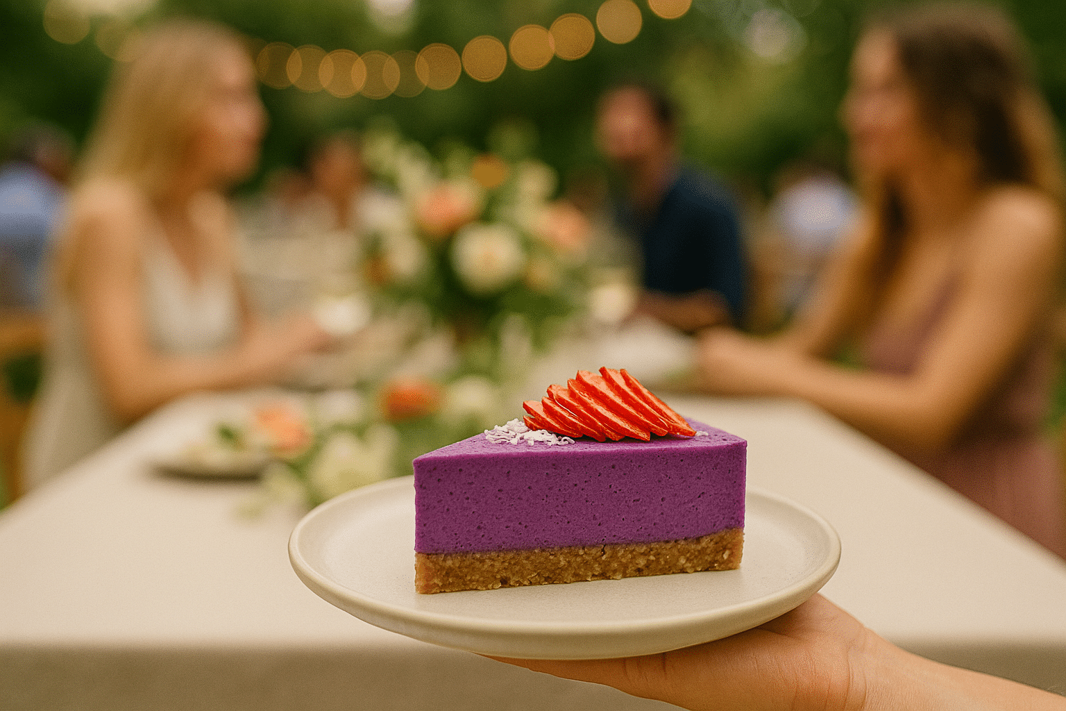 A slice of vibrant purple raw vegan ube cheesecake topped with thinly sliced strawberries, served outdoors at a beautifully decorated dinner party.