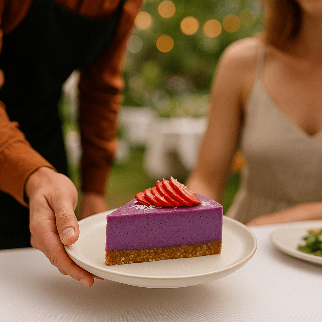 A server presents a vibrant purple slice of raw vegan ube cheesecake with thinly sliced strawberries and coconut on top to a guest at a garden party.