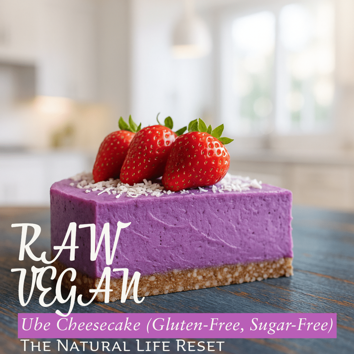 A slice of vibrant purple raw vegan ube cheesecake topped with fresh strawberries, sitting on a wooden table with a blurred modern kitchen in the background.