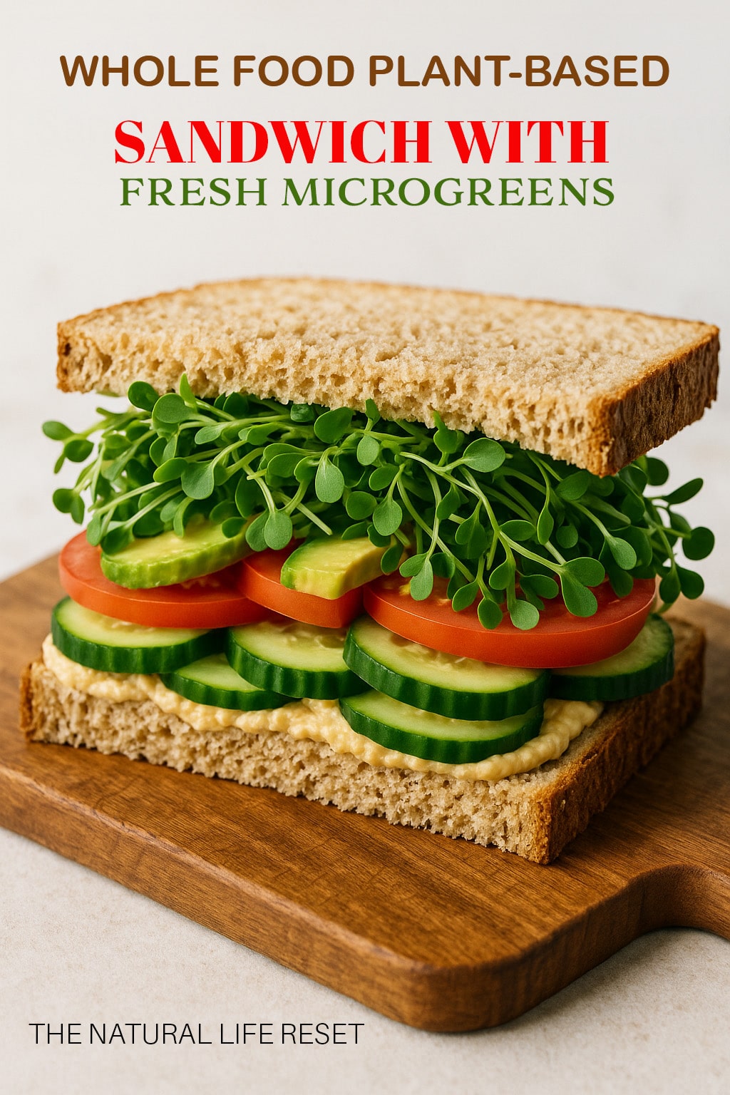 Plant-based sandwich with fresh microgreens on bread.
