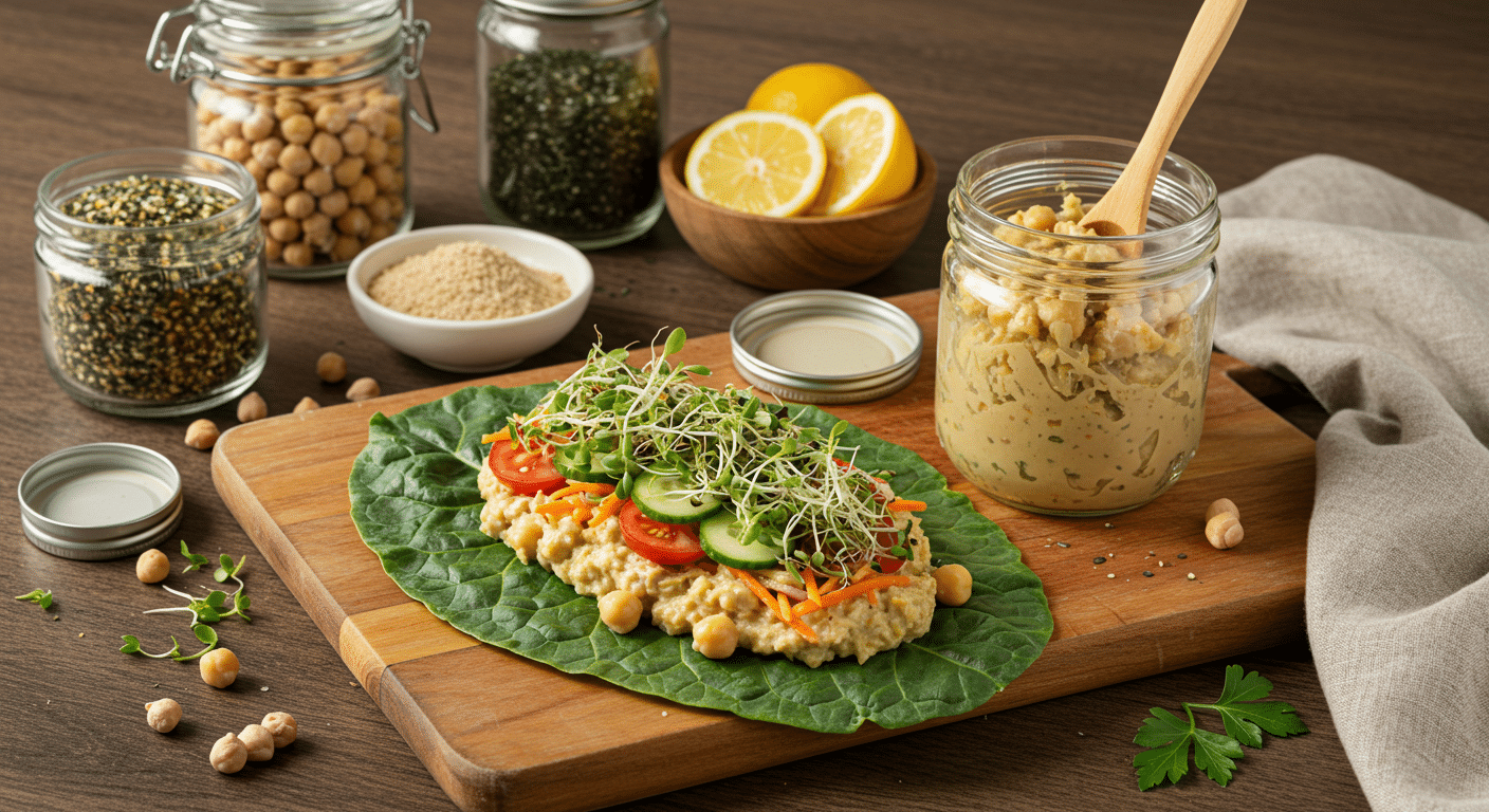 Chickpea hummus wrap with fresh vegetables and sprouts.