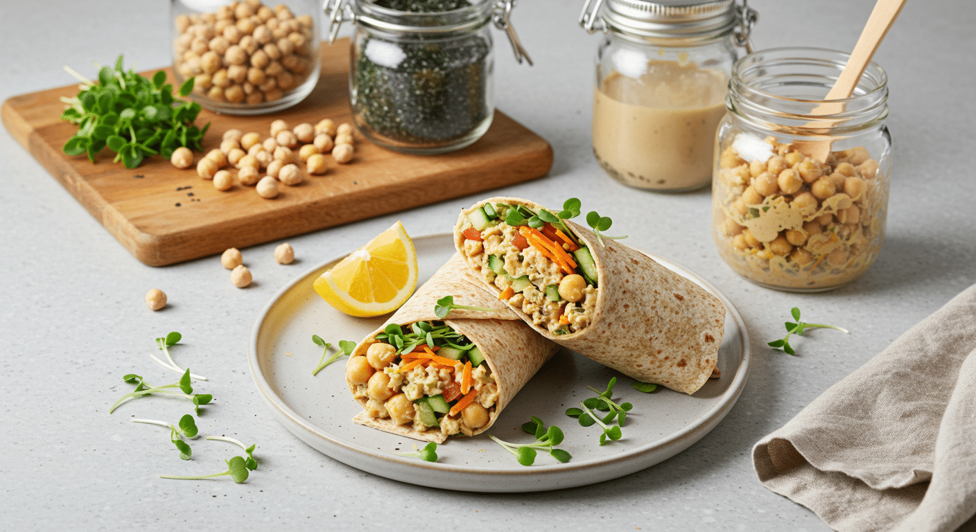 Vegan chickpea wrap with fresh ingredients on plate.
