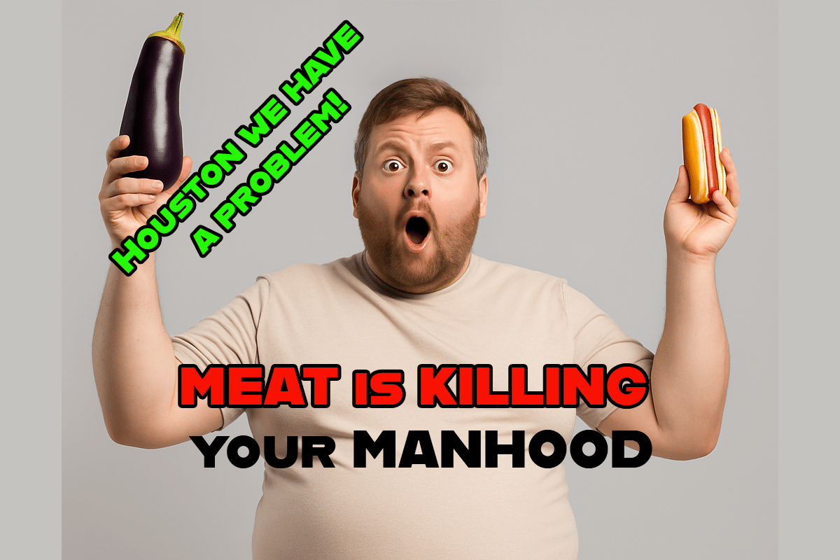 Overweight man holding a hotdog and eggplant, symbolizing the link between poor diet and erectile dysfunction