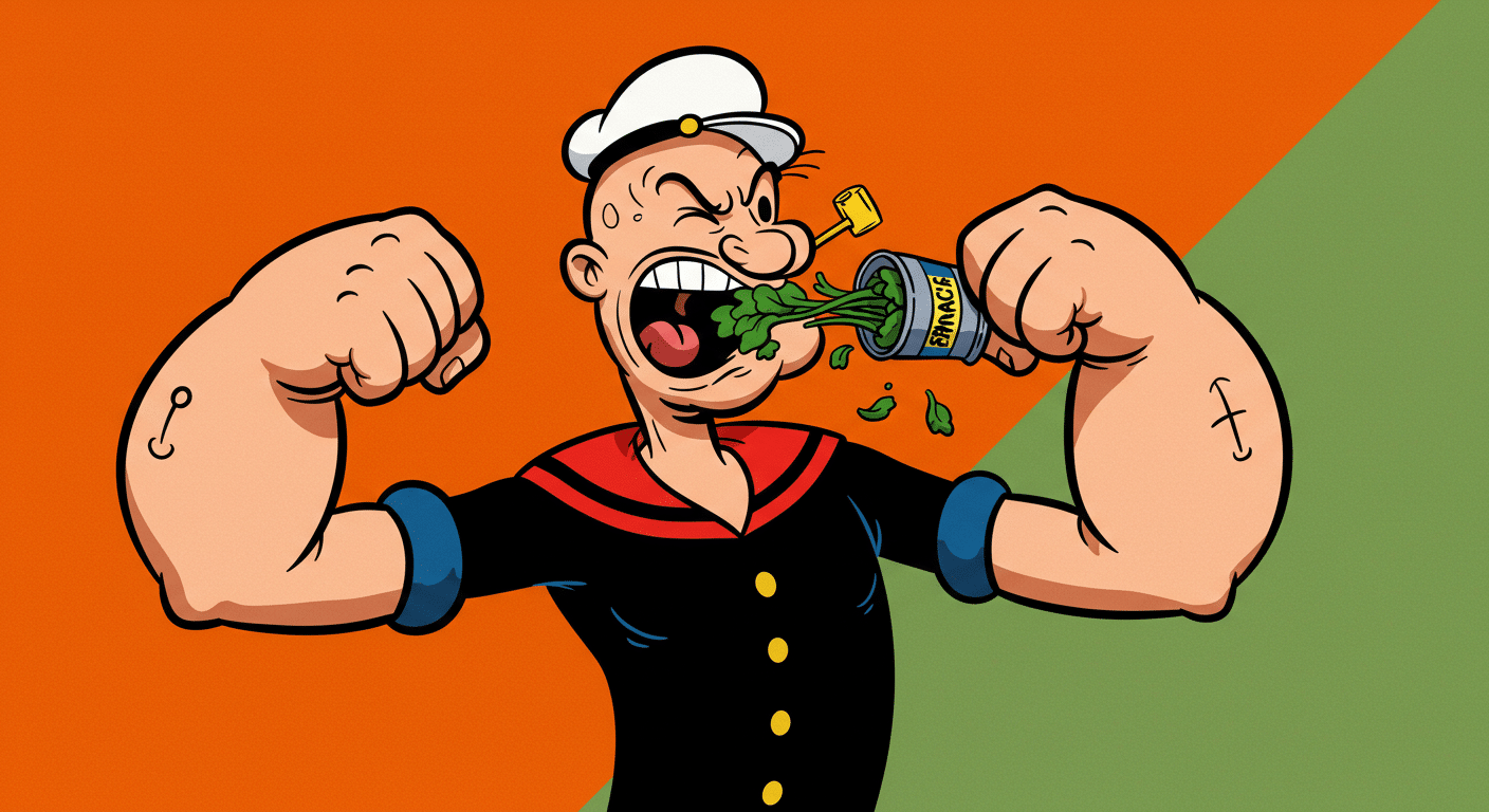 Cartoon of Popeye eating spinach with exaggerated muscles, symbolizing plant-based strength and debunking the myth that meat is needed to build muscle.