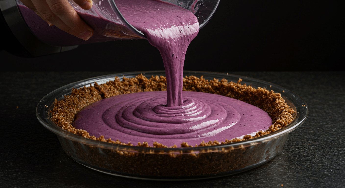 Cashew blueberry filling being poured into a crust for raw vegan cheesecake