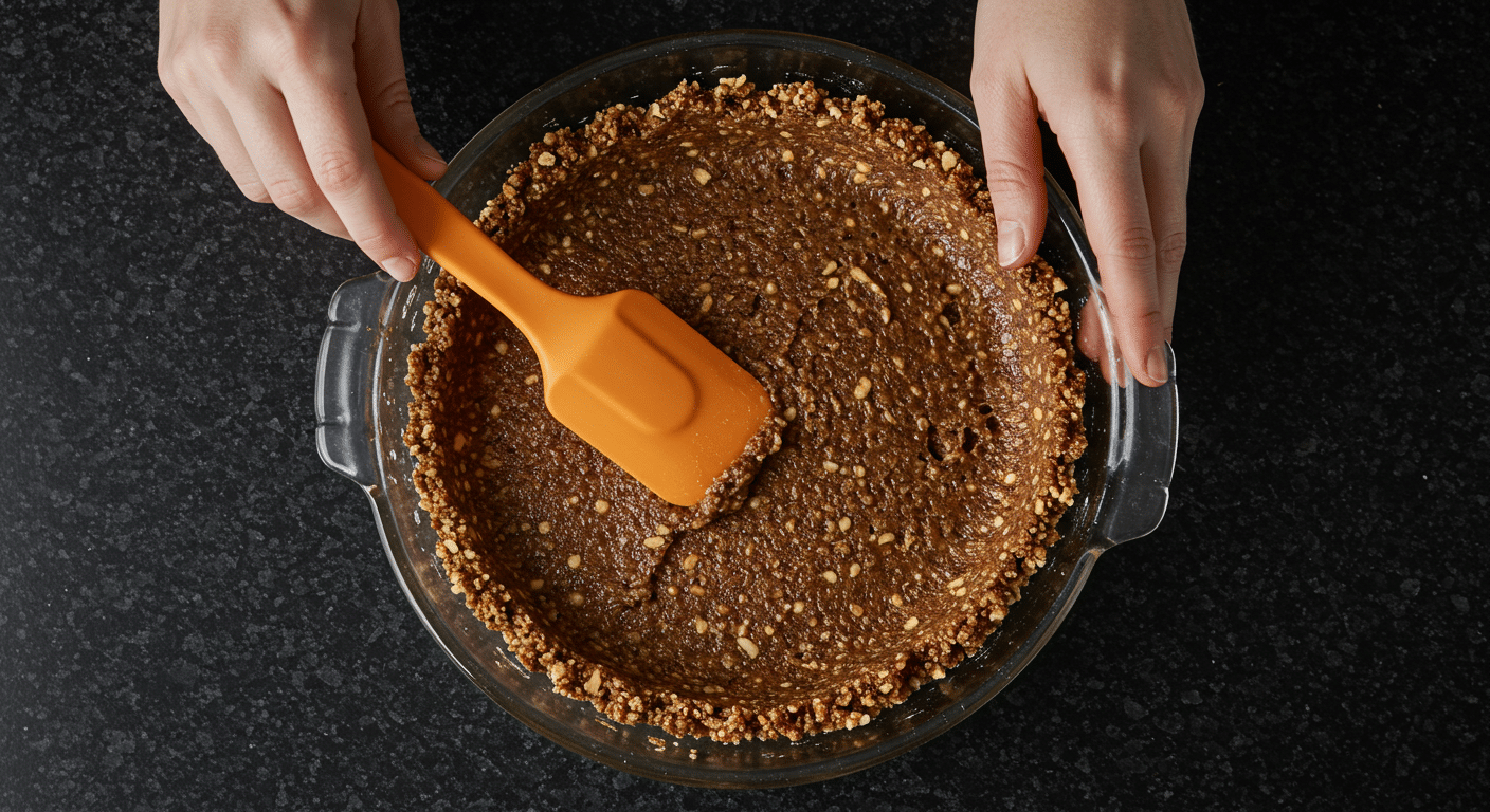 Pressing date and walnut crust into a glass pie bowl for raw vegan cheesecake