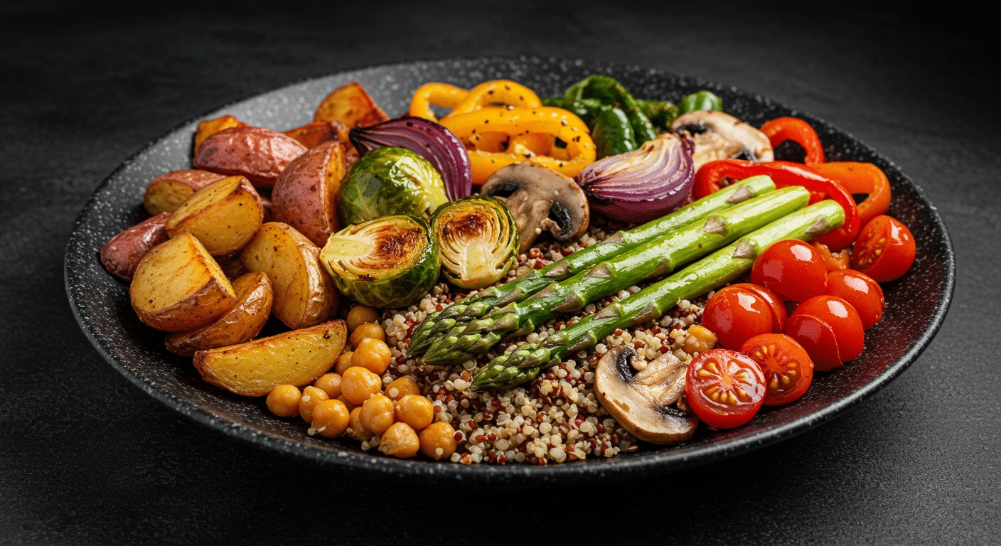 Colorful roasted vegetable bowl with quinoa and balsamic date reduction