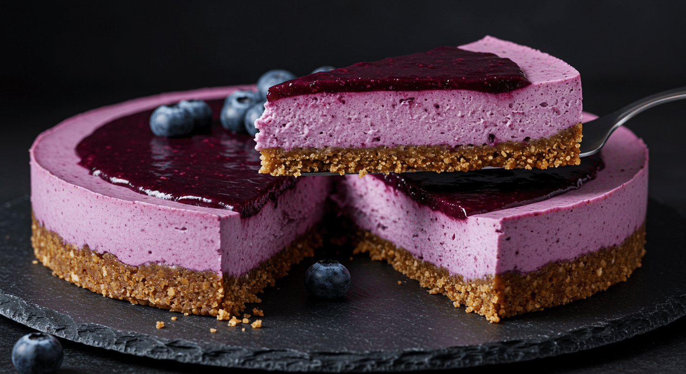 A slice of raw vegan blueberry cheesecake with purple filling and topping on a dark plate