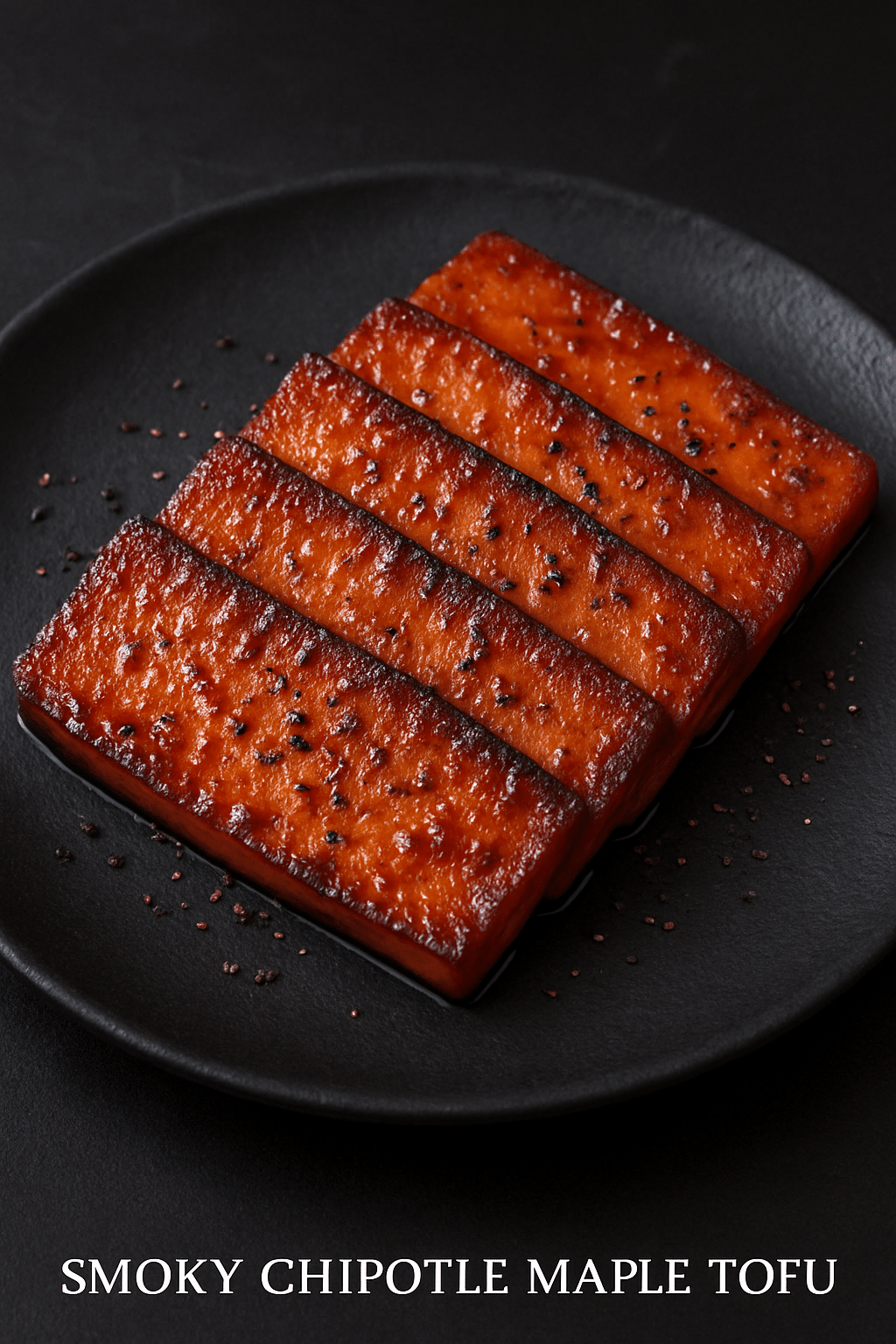 Grilled chipotle maple tofu slices on black plate.