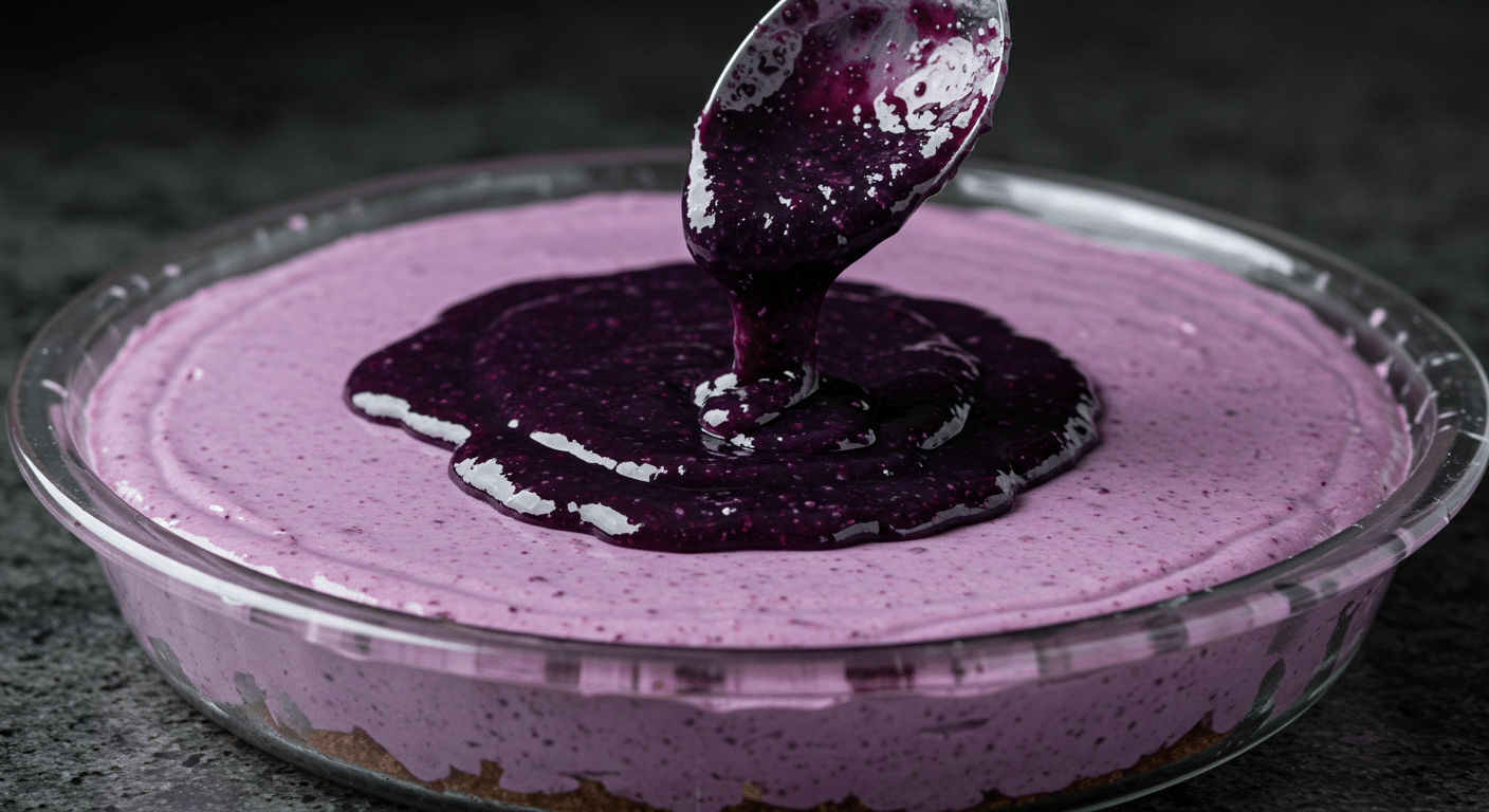 Spoon spreading blueberry topping on raw vegan cheesecake