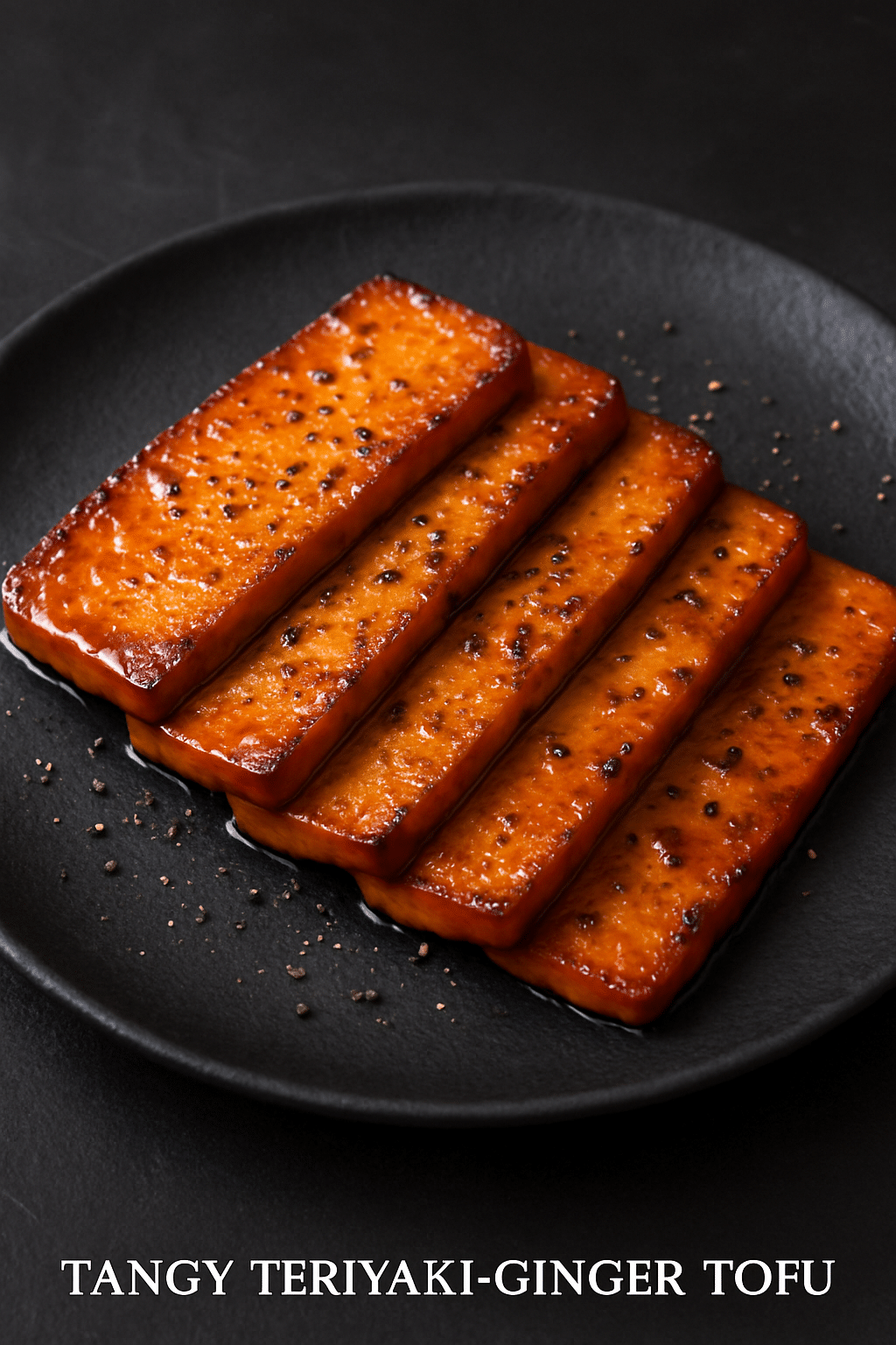 Sliced teriyaki ginger tofu on black plate