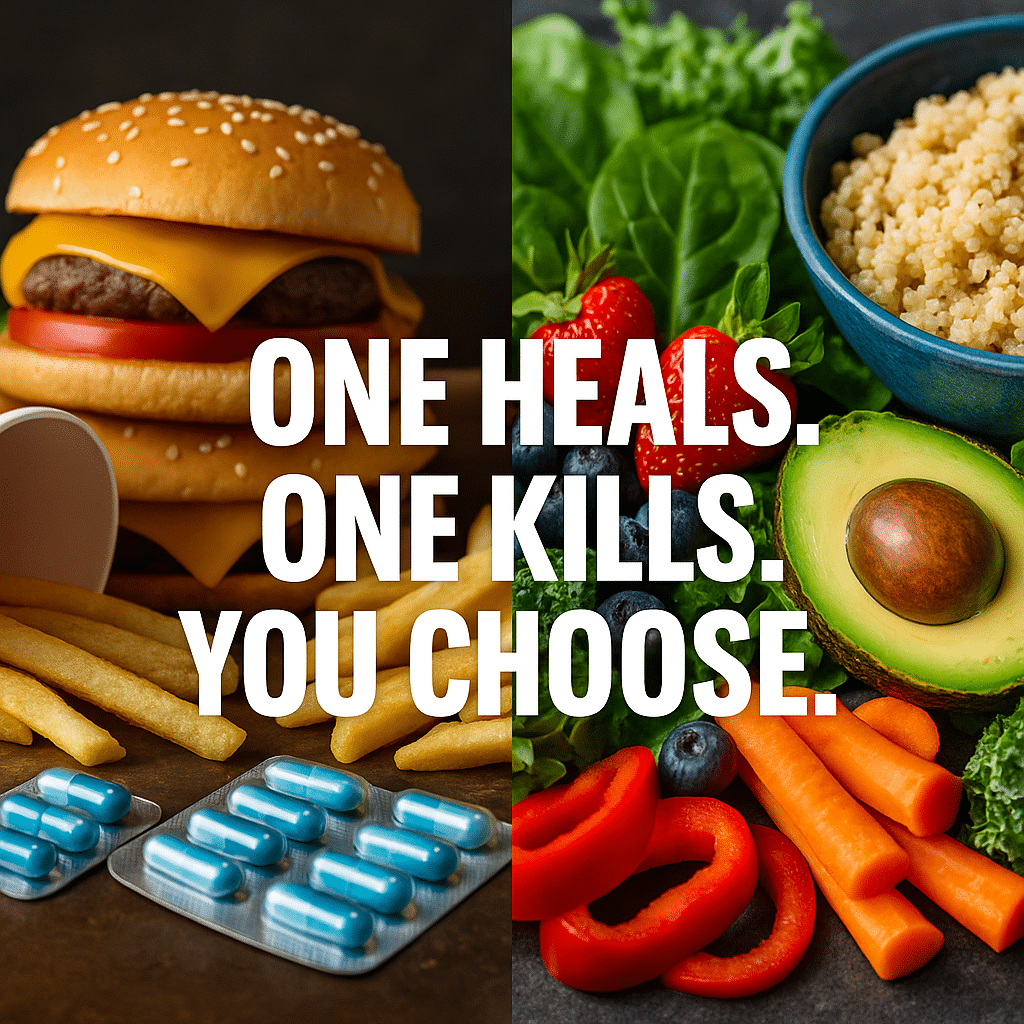 Split image: unhealthy fast food vs healthy vegetables.